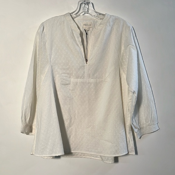 MAELU NWT Boho Organic Cotton Swiss Dot Split Round Neck White Peasant Blouse S - Picture 1 of 16